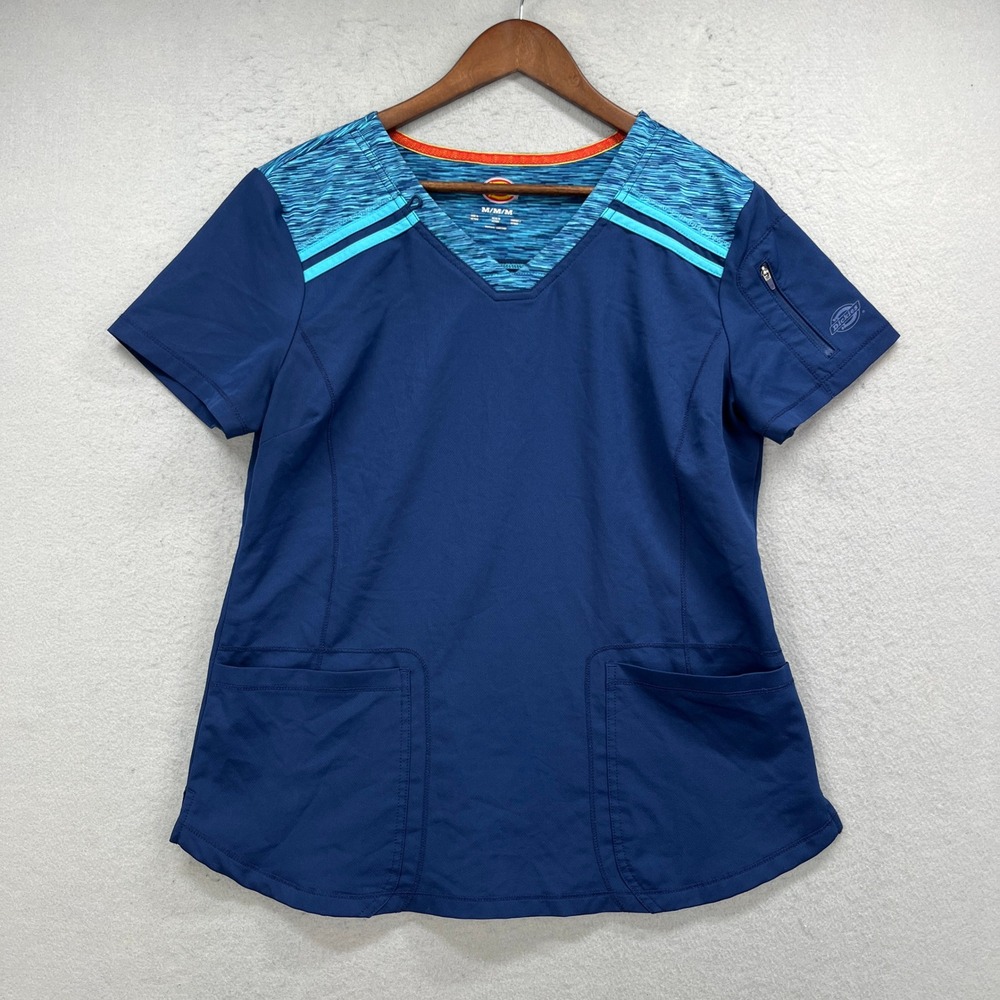 Dickies Scrub Top Womens Medium Blue V Neck Short Sleeve Medical Utility Nurse